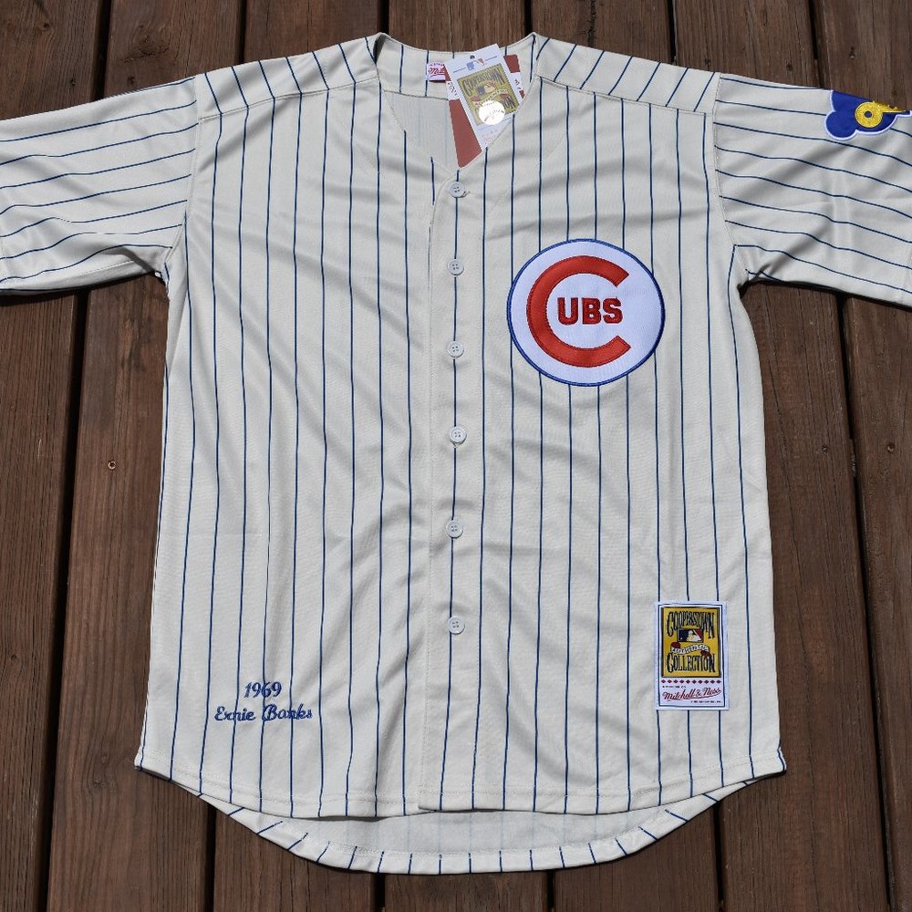 New! Ernie Banks Chicago Cubs Cream Pinstripe Baseball Jersey Adult Men's Sizes - Picture 2 of 2